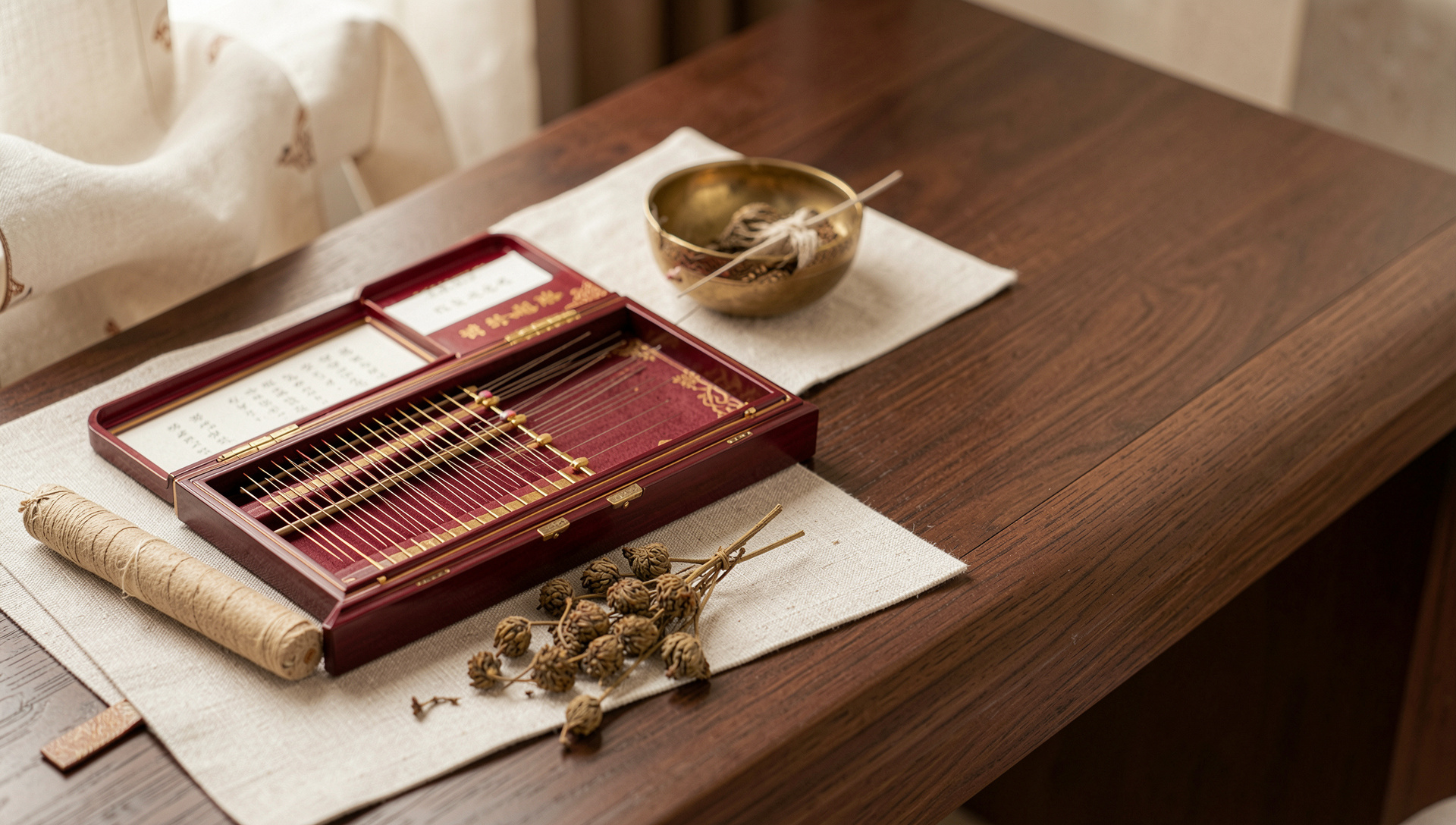 Mesa de atendimento com agulhas de acupuntura, moxa e artemísia